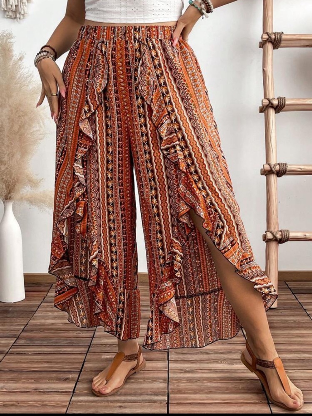 Bohemian Ruffled Wrap Pants - Picture 3 of 7